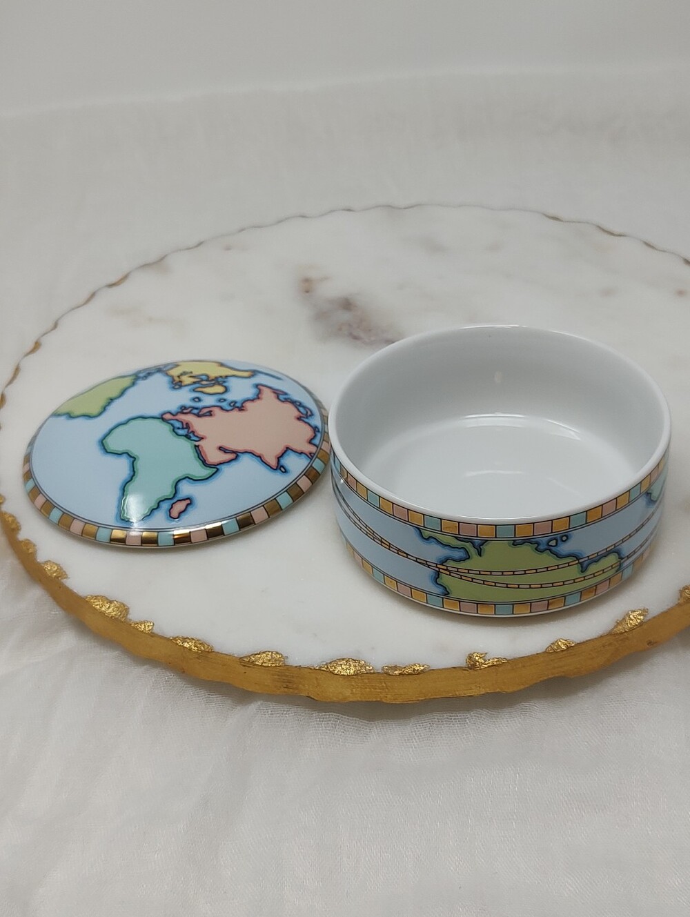 Vintage Porcelain Trinket Box with World Map Design - marked Tiffany & Co.